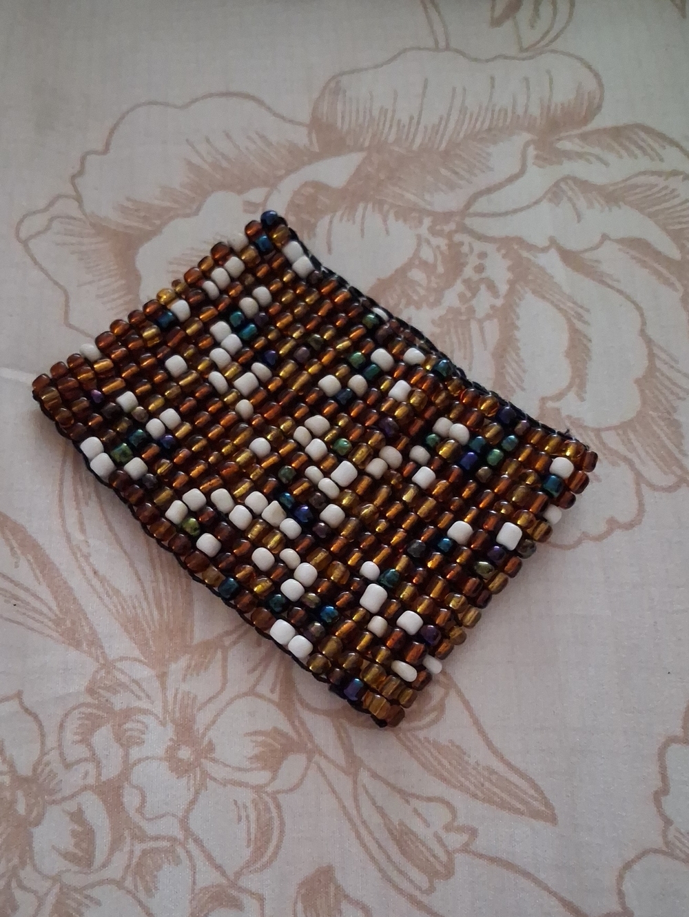 Handwoven Glass Bead Cuff Bracelet in Amber and White